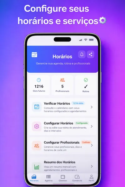 Tela do app do comerciante: horários e serviços