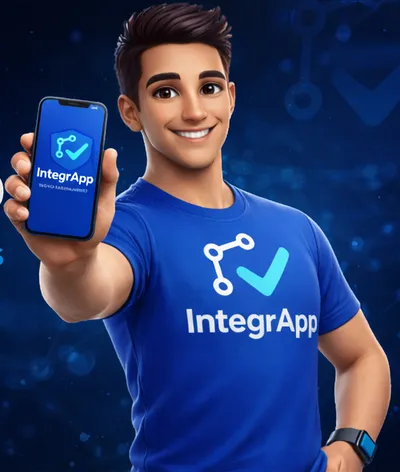 Mascote do IntegrApp mostrando o app no celular