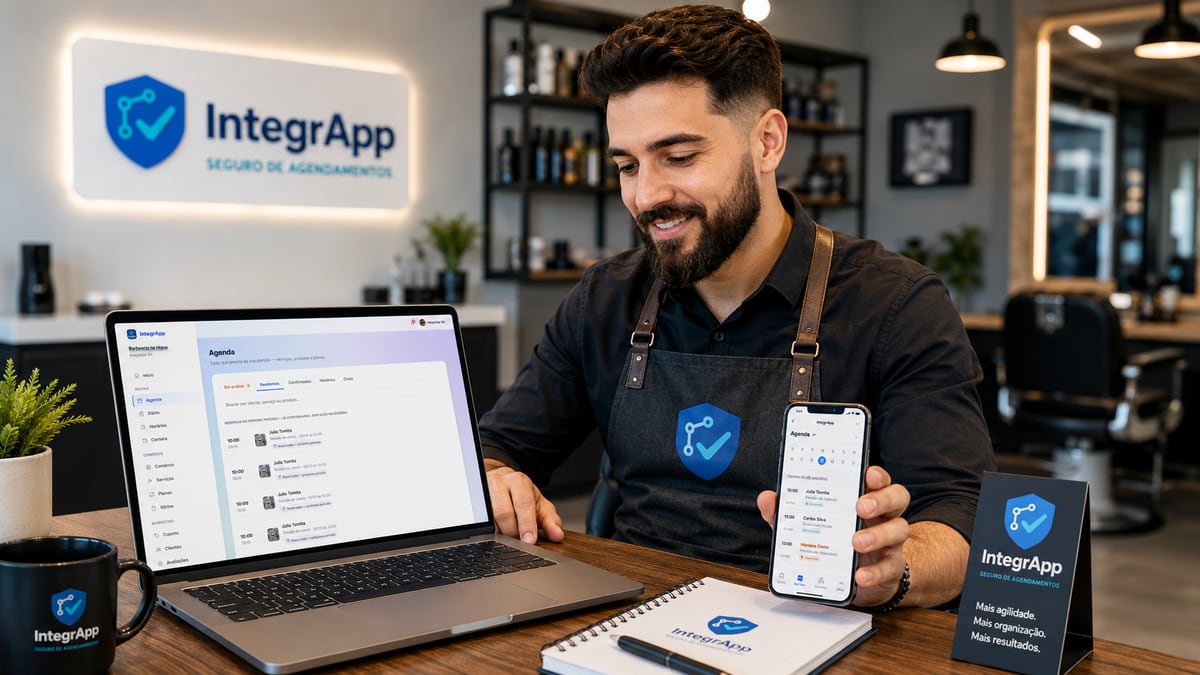 Comerciante gerenciando a barbearia pelo IntegrApp, no notebook e no celular